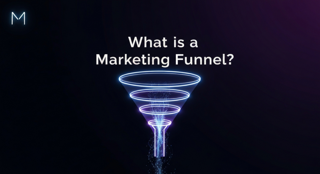A dark-themed, wide banner image featuring a glowing, abstract marketing funnel illustration. The funnel is composed of sleek, neon blue and purple light lines, with subtle light particles flowing through it against a deep, dark gradient background. The text 'What is a Marketing Funnel?' is prominently displayed in a modern, glowing white sans-serif font above the funnel. A subtle, glowing 'M' logo is in the top-left corner. The image has cinematic, high-contrast lighting and a professional, tech-inspired aesthetic, representing the stages of customer growth in a marketing funnel.