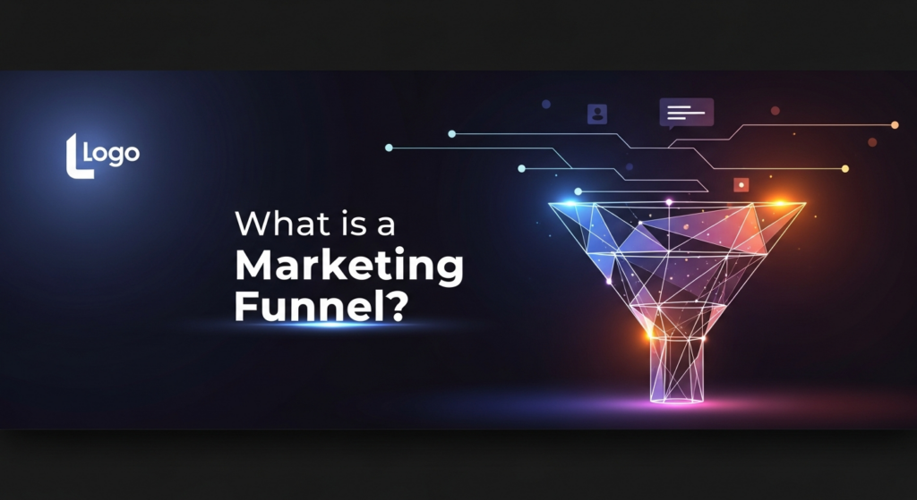 A dark themed, modern abstract illustration of a glowing marketing funnel, narrowing from top to bottom, with high contrast neon lines and soft light accents against a dark gradient background. The text 'What is a Marketing Funnel?' is prominently displayed, with a subtle website logo in the top-left corner.