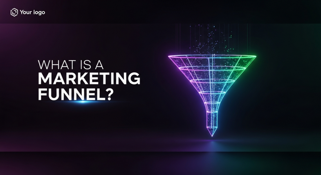 A dark, minimalist digital illustration of a glowing marketing funnel, with a stream of light narrowing towards a point, set against a deep gradient background. The text 'WHAT IS A MARKETING FUNNEL?' is subtly illuminated above it, and a monochrome website logo is in the top-left corner.