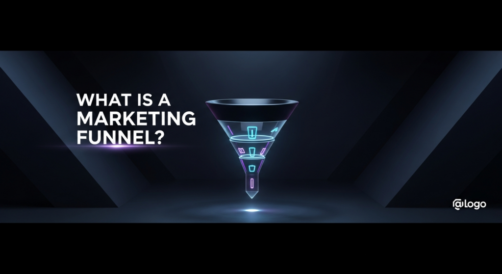 A modern, dark-themed illustration of a glowing marketing funnel with distinct stages, rendered in a 3D tech style. The text 'WHAT IS A MARKETING FUNNEL?' glows prominently above the funnel, and a subtle website logo is in the bottom-right corner. The image uses cinematic high-contrast lighting with neon blue and purple accents on a deep gradient background, creating a professional and premium look.