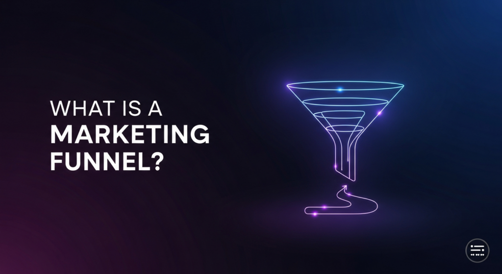 A dark, minimalist wide banner image featuring a glowing digital marketing funnel. The abstract funnel is formed by neon blue and purple light lines, illustrating a path of growth against a deep black gradient background with cinematic lighting. The text 'WHAT IS A MARKETING FUNNEL?' is prominently displayed in a glowing white sans-serif font. A subtle website logo is in the bottom-right.