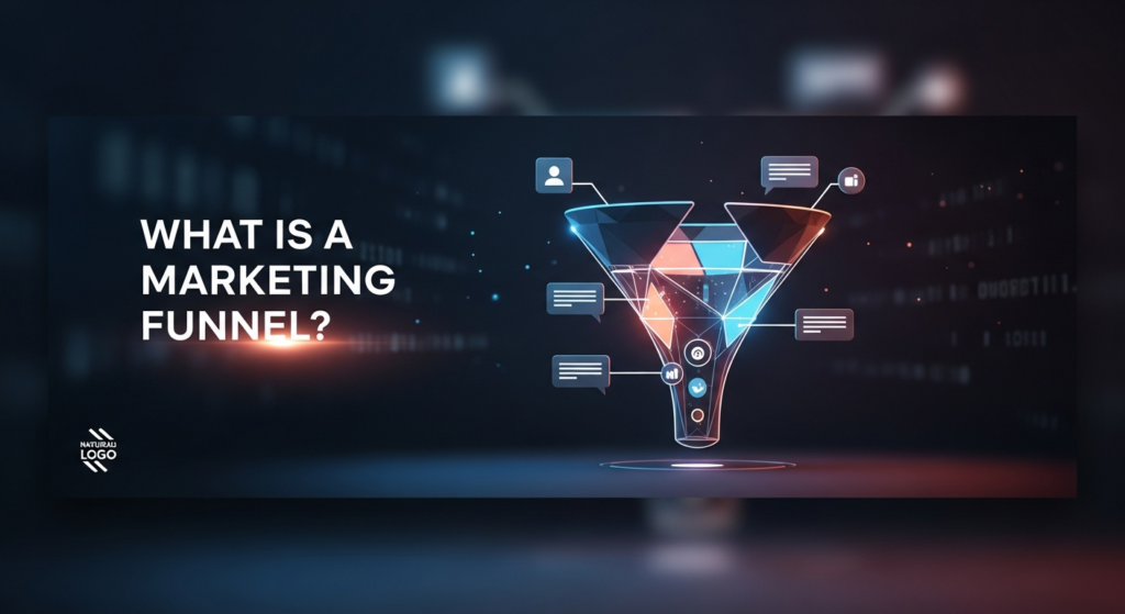 Dark-themed marketing illustration featuring a glowing, abstract digital funnel representing the stages of customer growth. The text 'WHAT IS A MARKETING FUNNEL?' is prominently displayed, with a subtle website logo in the corner. Ideal for a blog on marketing funnels.
