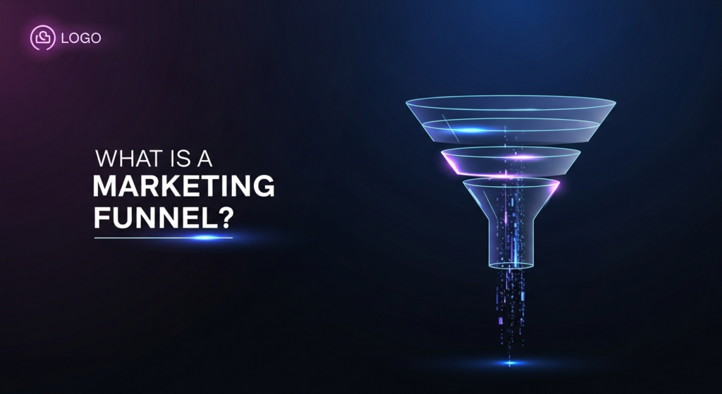 A minimalist illustration of a glowing marketing funnel against a dark background, depicting a wide top narrowing to a focused bottom, with subtle data streams flowing through. Text overlay reads 'What is a Marketing Funnel?'. The image uses a dark theme with neon blue and purple glows, ideal for a technology or marketing blog post.