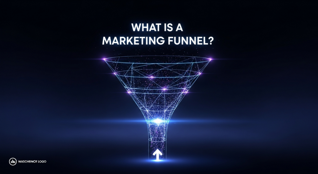A sleek, dark digital illustration of a marketing funnel glowing with blue and purple neon light, symbolizing conversion and growth. White sans-serif text overlays 'WHAT IS A MARKETING FUNNEL?'. A subtle website logo is in the bottom-left corner.
