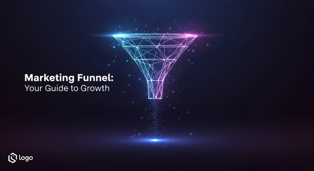 Abstract illustration of a glowing marketing funnel on a dark background, with text 'Marketing Funnel: Your Guide to Growth' and a subtle website logo. The funnel represents a business conversion process.