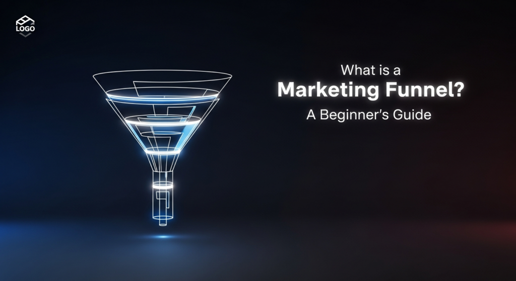 A dark-themed, wide banner illustration featuring a modern, abstract marketing funnel. The sleek, geometric funnel is illuminated with subtle neon blue and soft white glowing accents, descending against a deep dark gradient background. The text 'What is a Marketing Funnel? A Beginner's Guide' is overlaid in a modern, glowing white sans-serif font. A subtle white website logo is placed in the top-left corner. The image conveys a professional, high-tech aesthetic with cinematic lighting.