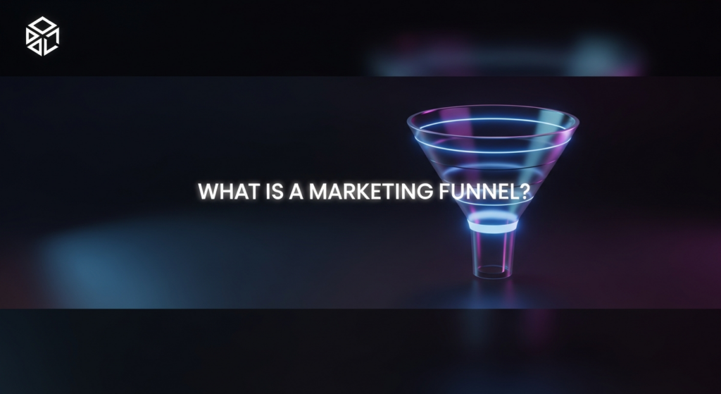 A dark, wide banner image showing a glowing, abstract 3D marketing funnel illustration with neon blue and purple lights. White, glowing sans-serif text reads 'WHAT IS A MARKETING FUNNEL?' centered above the funnel. A subtle monochrome website logo is in the top-left corner. The background is a deep gradient, conveying a modern, professional marketing theme.