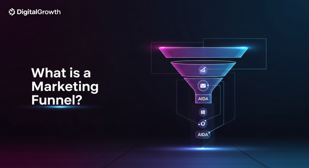 A dark-themed banner image featuring a glowing, abstract marketing funnel composed of connected digital stages in shades of blue, purple, and magenta. The funnel descends into a subtle vortex against a deep, dark gradient background, representing growth and digital strategy. The text 'What is a Marketing Funnel?' is overlaid in a modern, glowing white font. The 'DigitalGrowth' logo is subtly placed in the top-left corner.