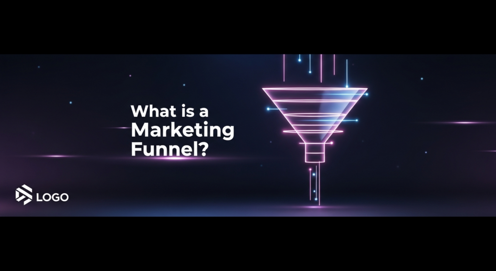 A dark-themed blog banner image featuring a glowing, abstract marketing funnel with neon lines, illustrating the process of customer growth and conversion. The text 'What is a Marketing Funnel?' is centered above the funnel, and a subtle website logo is in the bottom-left corner.