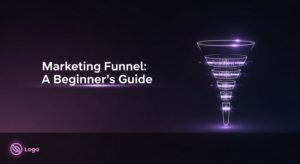 A dark, wide banner image featuring a glowing, abstract marketing funnel descending from top to bottom. The funnel is illuminated with soft neon lines and subtle glow accents, representing different stages of a customer journey, set against a deep dark gradient background. The text 'Marketing Funnel: A Beginner's Guide' with a subtle glow is centered above the funnel. A minimalist website logo is subtly placed in the bottom-left corner.