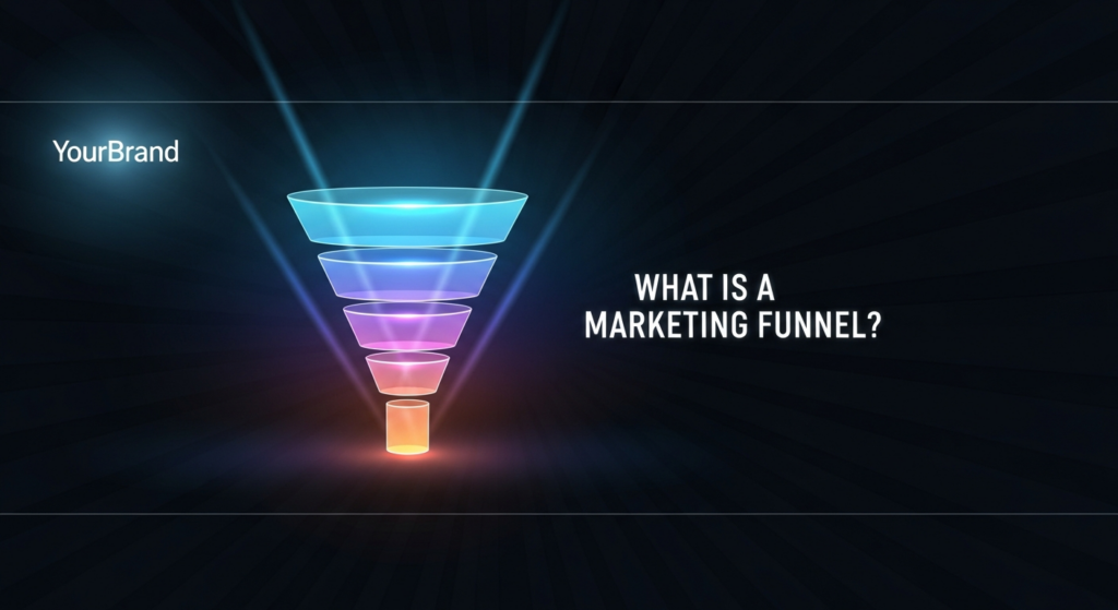 A dark-themed, wide banner illustration of a glowing, abstract marketing funnel with distinct stages, featuring soft neon light accents. The text 'WHAT IS A MARKETING FUNNEL?' is prominently displayed, and a subtle 'YourBrand' logo is in the top-left corner. The image conveys modern digital marketing and growth.