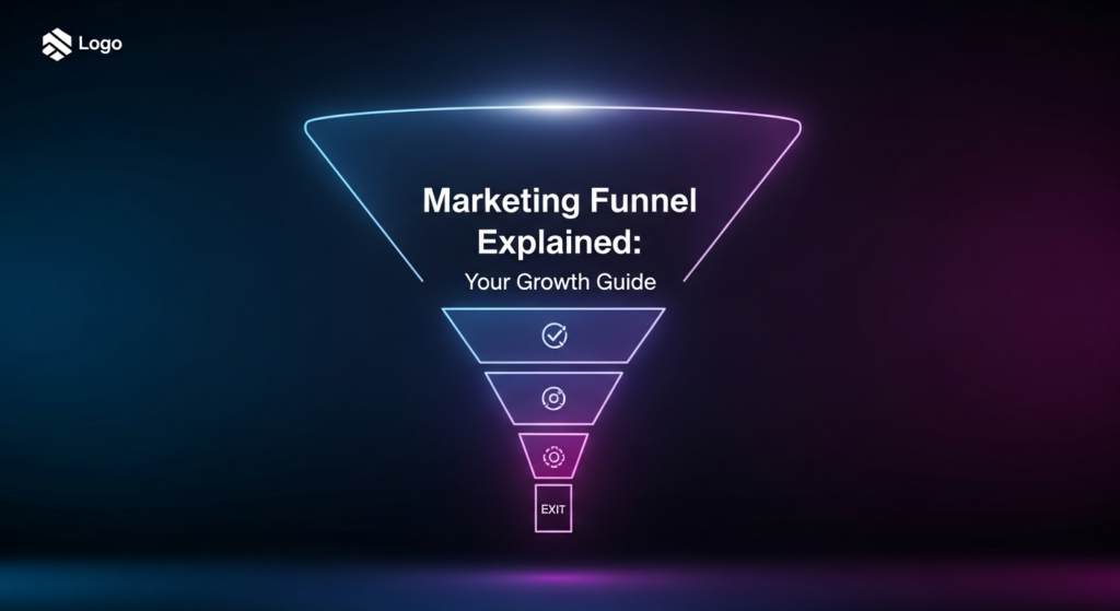 An abstract, dark-themed digital illustration of a marketing funnel with glowing neon lines in electric blue and magenta, tapering from a wide top to a narrow bottom. The text 'Marketing Funnel Explained: Your Growth Guide' is centrally placed with a glowing effect. A subtle, monochrome website logo is in the top-left corner. The background is a dark gradient of black and deep blue/purple.