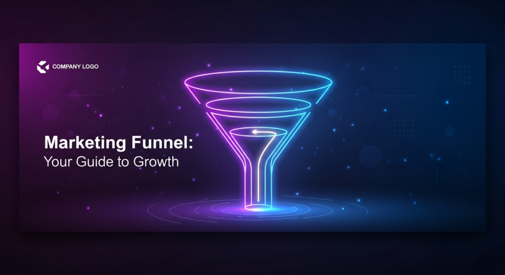 A dark-themed, wide banner image showing a glowing, abstract marketing funnel with a bright light path. The text 'Marketing Funnel: Your Guide to Growth' is overlaid in a modern, glowing sans-serif font. A subtle company logo is in the top-left corner. The image is minimal, professional, and uses cinematic lighting with blue and purple glow accents on a dark gradient background, perfect for a blog post on marketing funnels.