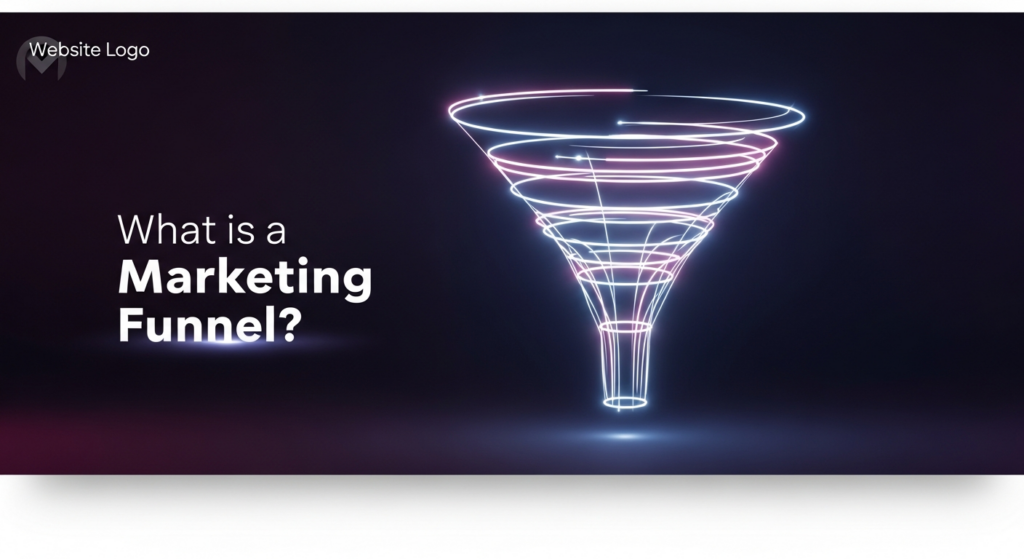 A dark, modern illustration of a glowing multi-stage marketing funnel, symbolizing the customer journey and conversion, with the text 'What is a Marketing Funnel?' A website logo is subtly placed in the top-left corner.