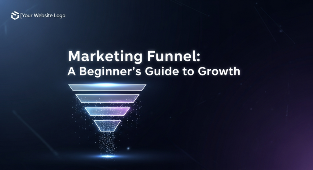 A dark, modern, and minimalist blog featured image depicting an abstract, glowing marketing funnel. The funnel, illuminated with soft neon blue and purple lights, visually represents a customer journey with descending glowing particles. Overhead, the text 'Marketing Funnel: A Beginner's Guide to Growth' glows with a subtle highlight. A subtle website logo is in the top-left corner. The background is a deep, dark gradient.