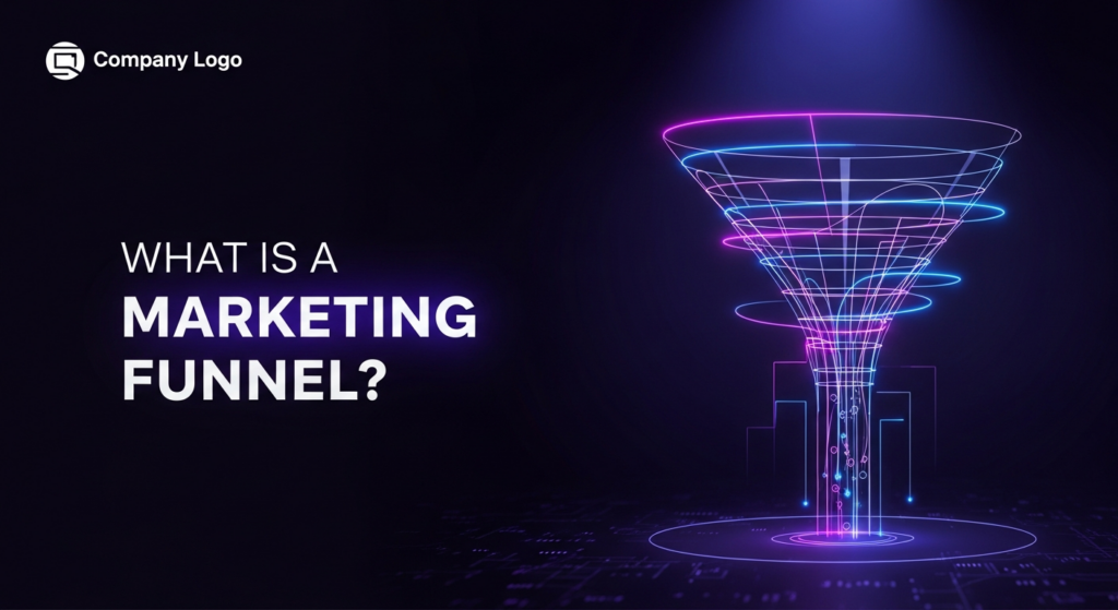 A glowing, abstract marketing funnel illustration on a deep, dark gradient background. The funnel, made of neon lines and soft light, visually represents the customer journey with subtle data flow. The text overlay reads 'What is a Marketing Funnel?' in a modern, glowing sans-serif font. A monochrome company logo is subtly placed in the top-left corner.