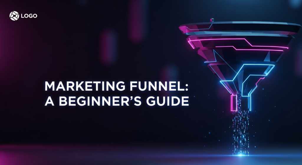 A dark-themed, minimalist digital illustration for a blog featured image, depicting an abstract, glowing marketing funnel in electric blue and magenta. Digital data flows down the funnel against a deep gradient background. The text 'MARKETING FUNNEL: A BEGINNER'S GUIDE' glows in a modern sans-serif font, with a subtle website logo in the top-left corner.