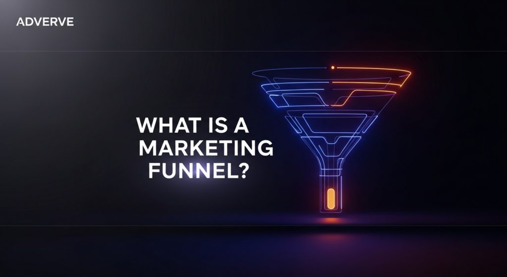 A dark, wide banner image featuring an abstract, glowing marketing funnel. The funnel is composed of sleek, illuminated lines in deep blue and purple, narrowing towards an orange glow at the bottom, set against a dark charcoal and indigo gradient background with cinematic lighting. The text 'WHAT IS A MARKETING FUNNEL?' is centered in white with a soft glow. The 'ADVERVE' logo is subtly placed in the top-left corner.