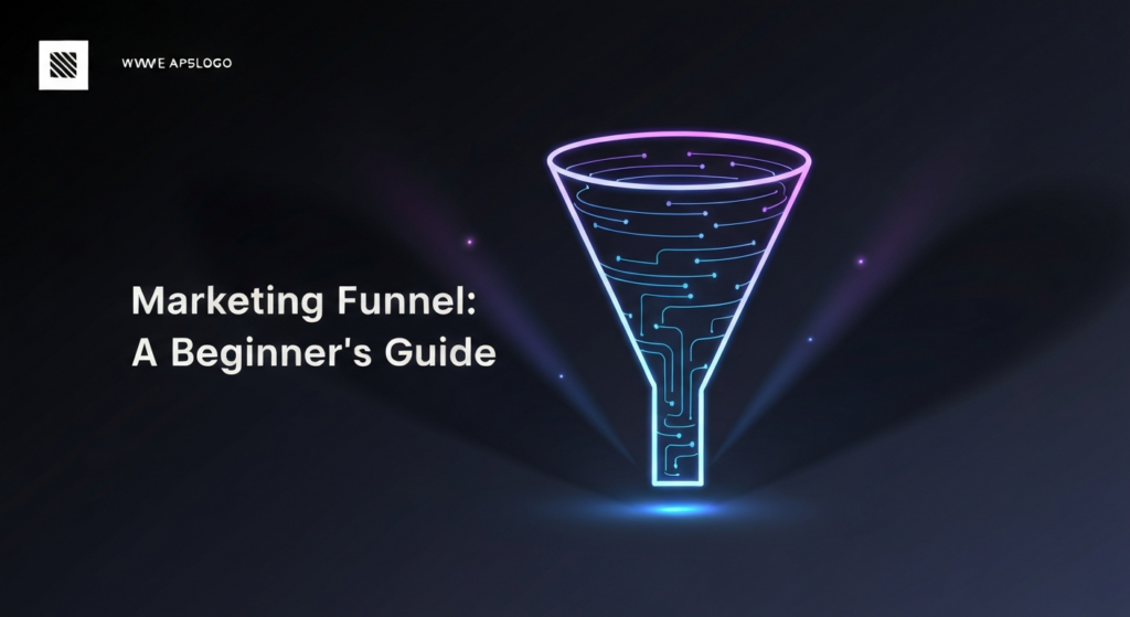 A dark-themed wide banner image featuring a glowing, abstract marketing funnel with neon blue and purple accents and subtle light trails, set against a deep gradient background. The centered text 'Marketing Funnel: A Beginner's Guide' glows softly, and a monochrome website logo is subtly placed in the top-left corner. The image has a modern, high-contrast, professional aesthetic.