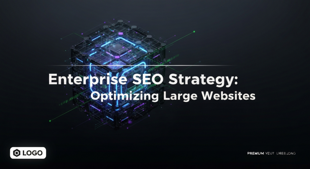 A dark, wide banner image showing a complex, glowing digital network structure representing an enterprise website, with subtle data streams flowing through it. The text 'Enterprise SEO Strategy: Optimizing Large Websites' is centered, and a subtle website logo is in the bottom-left corner, illustrating advanced SEO for large-scale websites.
