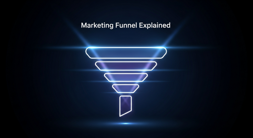 A dark, wide banner image featuring a glowing, abstract illustration of a marketing funnel. The funnel is depicted with soft blue and purple neon lines and segmented layers, representing the customer journey stages. The background is a deep black and blue gradient. The text 'Marketing Funnel Explained' is overlaid in a modern, glowing white font. The 'Traffixa' logo is subtly placed in the top-left corner.