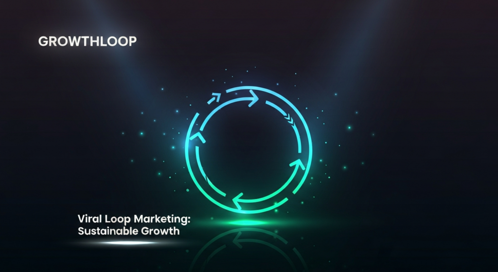 A dark, wide banner image showing a glowing, abstract infinite loop (Mobius strip) made of sleek neon-blue and emerald-green light trails, symbolizing viral marketing growth and a continuous cycle. Subtle glowing particles emanate from the loop against a deep gradient background. In the top-left corner, the softly illuminated monochrome text 'GROWTHLOOP'. Below the central design, the text 'Viral Loop Marketing: Sustainable Growth' glows in a modern sans-serif font.