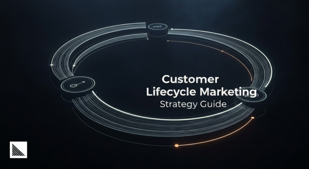 A dark-themed, wide banner illustration depicting a glowing, abstract circular pathway representing the customer lifecycle. Subtle nodes along the path indicate different stages. The image features cinematic lighting with soft glow accents against a deep gradient background. Centered, the text 'Customer Lifecycle Marketing Strategy Guide' glows softly. A subtle brand logo is in the bottom-left corner, illustrating a modern, strategic approach.