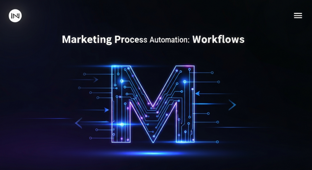 A dark, modern digital illustration for 'Marketing Process Automation: Design & Implement Workflows'. The central focus is a highly stylized, glowing 'M' (for Marketing) composed of interconnected, dynamic data lines and circuit-like elements, representing automated workflows and processes. The background is a dark gradient with subtle tech patterns. Bright blue and purple neon glow accents highlight the 'M' and data pathways. The text 'Marketing Process Automation: Workflows' is overlaid in a modern sans-serif font with a subtle glow. A subtle, monochrome website logo is placed in the top-left corner. The overall image has a professional, high-contrast, cinematic feel suitable for a dark-mode website.