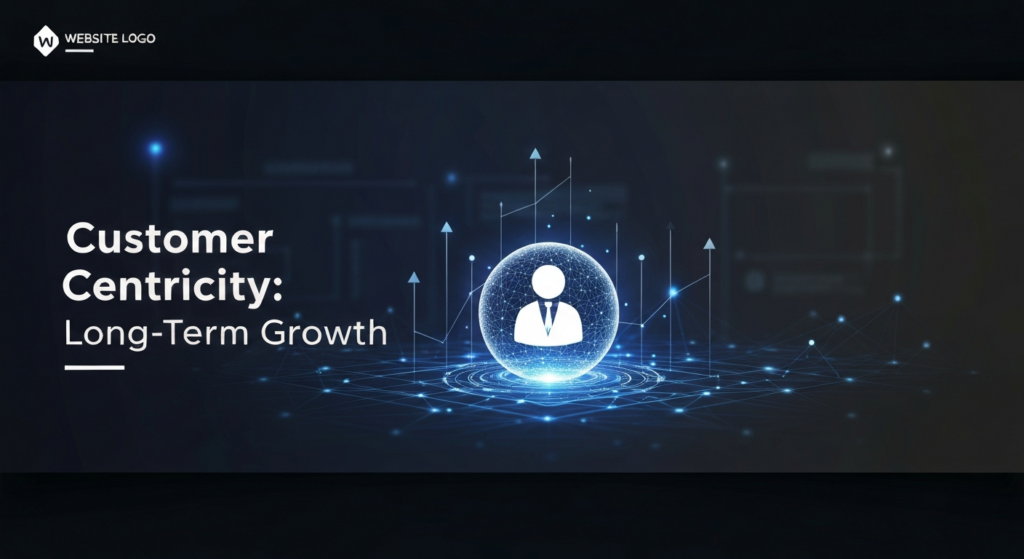 An abstract, dark-themed digital illustration for a blog featured image. A central glowing icon represents a customer, surrounded by radiating lines and nodes symbolizing strategic data flow and long-term business growth. The image uses cinematic lighting with neon blue and purple accents on a deep gradient background. A text overlay reads 'Customer Centricity: Long-Term Growth'. A subtle website logo is in the top-left corner.