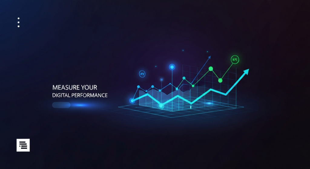 A dark, futuristic illustration depicting a glowing abstract digital display of key performance indicators (KPIs) and data analytics, with an upward-trending graph, against a deep gradient background. The text 'MEASURE YOUR DIGITAL PERFORMANCE' is subtly overlaid, and a website logo is in the corner. The image uses cinematic lighting and neon accents to convey digital performance measurement.