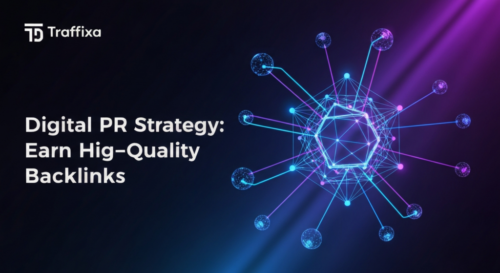 A dark-themed wide banner image illustrating digital PR strategy. A glowing central abstract digital node emits vibrant blue and purple lines connecting to several smaller, authoritative digital spheres, symbolizing high-quality backlinks. The background is a dark gradient, with cinematic lighting and subtle neon glow accents. The text 'Digital PR Strategy: Earn High-Quality Backlinks' is overlaid in a modern sans-serif font with a subtle glow. The 'Traffixa' logo is subtly placed in the top-left corner.