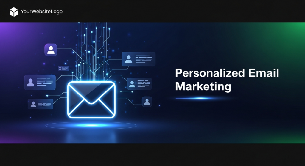 A dark, high-contrast digital illustration for personalized email marketing. A glowing, stylized email icon at the center connects via ethereal light streams to abstract user profile silhouettes, representing segmentation. The image features cinematic lighting, neon glow accents, and the text 'Personalized Email Marketing' with a subtle glow. The background is a dark gradient, with a subtle logo in the top-left corner.