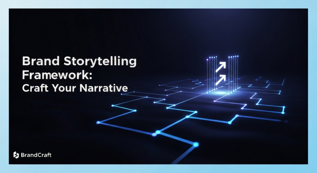 A dark, professional banner image featuring an abstract, glowing blue and purple digital framework or pathway against a deep gradient background. The structure represents a brand storytelling framework, with subtle cinematic lighting and soft glow accents. Centered on the image is the white, sans-serif text "Brand Storytelling Framework: Craft Your Narrative" with a subtle glow. A monochrome "BrandCraft" logo is subtly placed in the bottom-left corner.