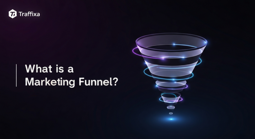 A dark-themed, modern illustration of a glowing digital marketing funnel, representing the customer journey with internal light trails. The text 'What is a Marketing Funnel?' is centered with a soft glow, and the 'Traffixa' logo is subtly placed in the top-left corner.