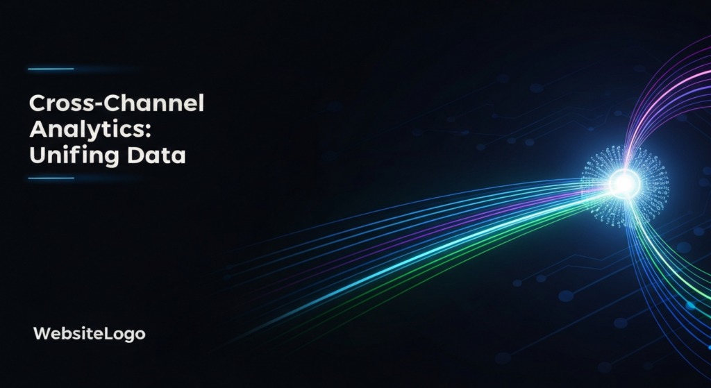 An abstract, dark-themed digital illustration showing multiple glowing data streams converging into a central, glowing hub, from which a single unified stream emerges. The image represents cross-channel analytics and data unification. Text overlay reads 'Cross-Channel Analytics: Unifying Data' with a subtle WebsiteLogo in the corner.