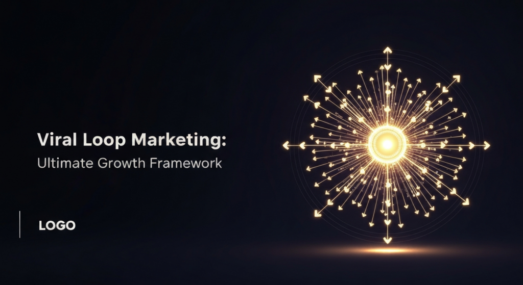 An illustration depicting a glowing central hub radiating interconnected, smaller glowing nodes in a continuous, expanding loop on a dark background, symbolizing viral loop marketing and exponential growth. The text 'Viral Loop Marketing: Ultimate Growth Framework' is overlaid with a subtle glow, and a monochrome website logo is subtly placed in the bottom-left corner.