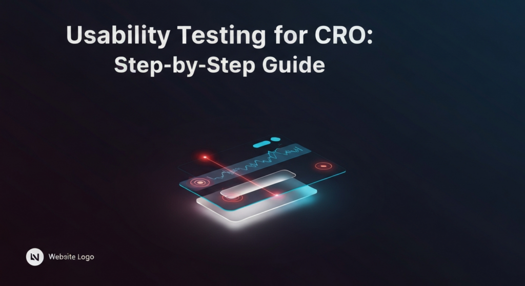 A dark-themed, wide banner image for a blog post on Usability Testing for CRO. It features a glowing, abstract website user interface element being analyzed by a neon-blue scan overlay, which highlights potential conversion barriers with subtle red accents. The text 'Usability Testing for CRO: Step-by-Step Guide' is displayed prominently in a modern, glowing font. A subtle website logo is in the bottom-left corner. The style is a high-contrast, modern tech illustration.