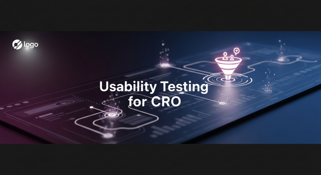 A dark, modern digital illustration for a blog featured image, showing an abstract glowing path across a website user interface. The path symbolizes user journey and usability testing, highlighting areas of friction and leading to a prominent, glowing conversion funnel icon. The image has cinematic lighting with neon and subtle glow accents. Text overlay in the center reads 'Usability Testing for CRO'. A subtle website logo is in the top-left corner. The overall style is clean, minimal, and professional, suitable for a dark-mode website.