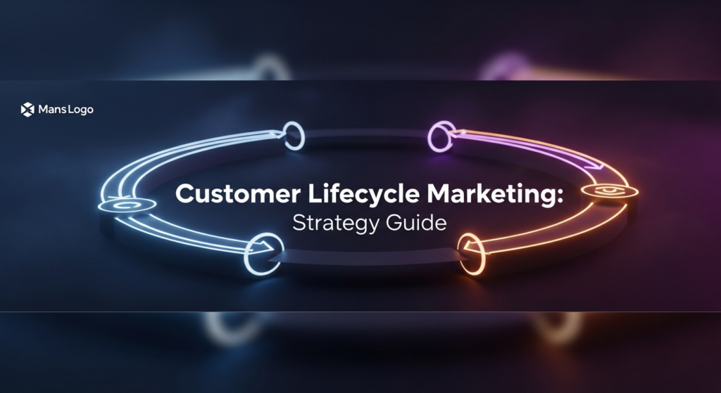 A dark, wide banner image featuring a glowing, abstract pathway or loop in cool blues, purples, and oranges, symbolizing the customer lifecycle marketing journey. The background is a deep gradient of dark blue-purple to black. The text 'Customer Lifecycle Marketing: Strategy Guide' is centrally overlaid in white sans-serif font with a subtle glow. A monochrome website logo is subtly placed in the top-left corner. The image is minimalist and professionally illustrated in a modern tech style.