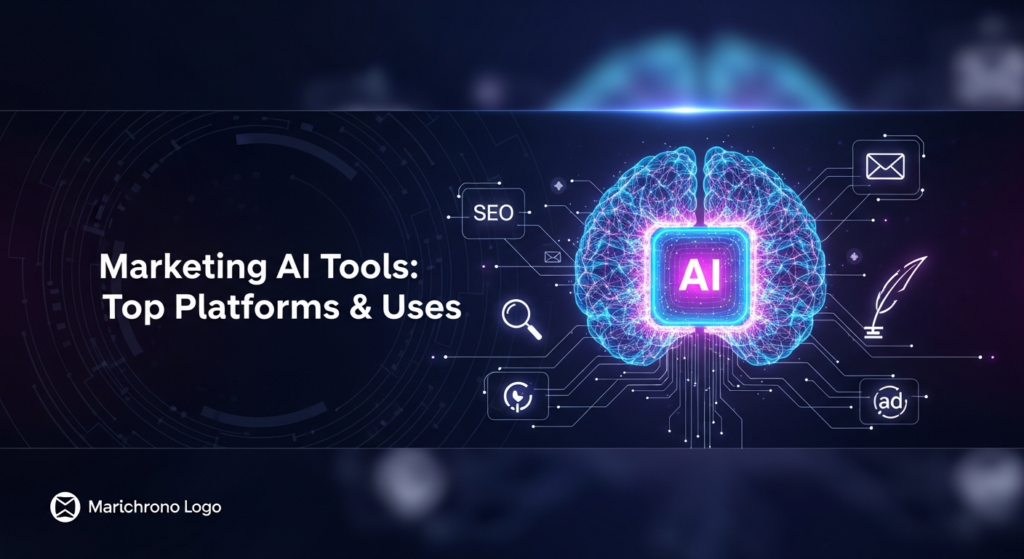 A dark, wide banner image showing a glowing, abstract AI brain at its center, connected by neon lines to minimalist icons representing SEO, email, content, and ads. The text overlay reads 'Marketing AI Tools: Top Platforms & Uses'. A subtle website logo is in the bottom-left corner. The image uses cinematic lighting with blue and purple glows against a dark, futuristic background, reflecting the topic of AI in marketing.