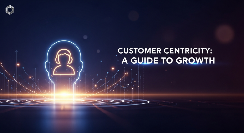 A dark, wide banner image featuring a central, glowing abstract human head icon, symbolizing a customer, radiating light that illuminates subtle, upward-trending growth lines on a deep blue and purple gradient background. The text 'CUSTOMER CENTRICITY: A GUIDE TO GROWTH' is subtly glowing above the icon. A small, monochrome brand logo is in the top-left corner. The style is modern, minimalist, and high-contrast, designed for a dark-mode website.