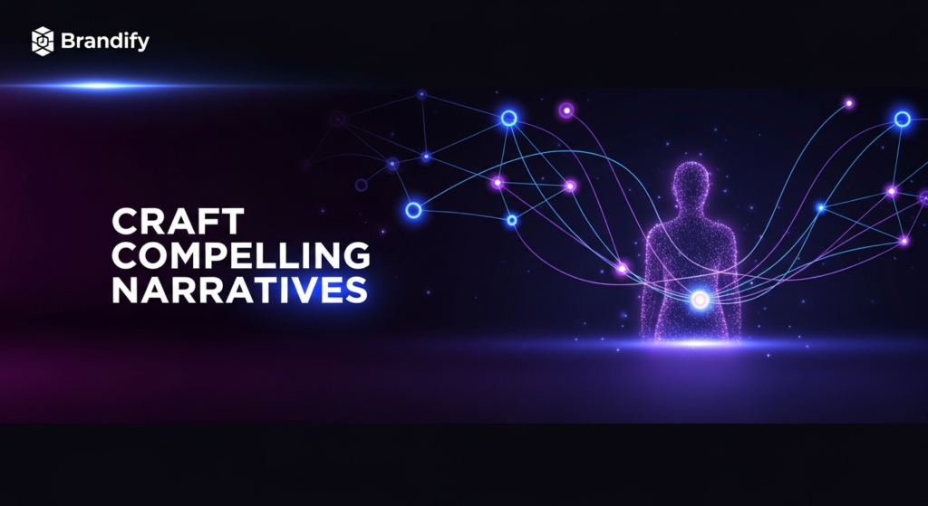An abstract, dark-themed illustration of a glowing network of interconnected lines and nodes forming a narrative arc that leads to a subtle human silhouette. The image is set against a deep indigo and black gradient background with cinematic lighting and electric blue and deep purple glow accents. The text 'CRAFT COMPELLING NARRATIVES' is overlaid in the center, and a subtle 'Brandify' logo is in the top-left corner.