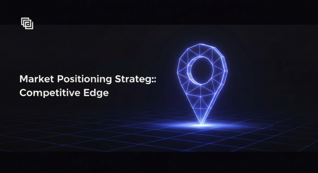 An abstract, dark-themed banner image for a blog. A central glowing blue-purple geometric symbol or arrow represents market positioning and competitive advantage, set against a dark, abstract grid background. The text 'Market Positioning Strategy: Competitive Edge' glows subtly in a modern sans-serif font. A subtle monochrome logo is in the top-left corner.