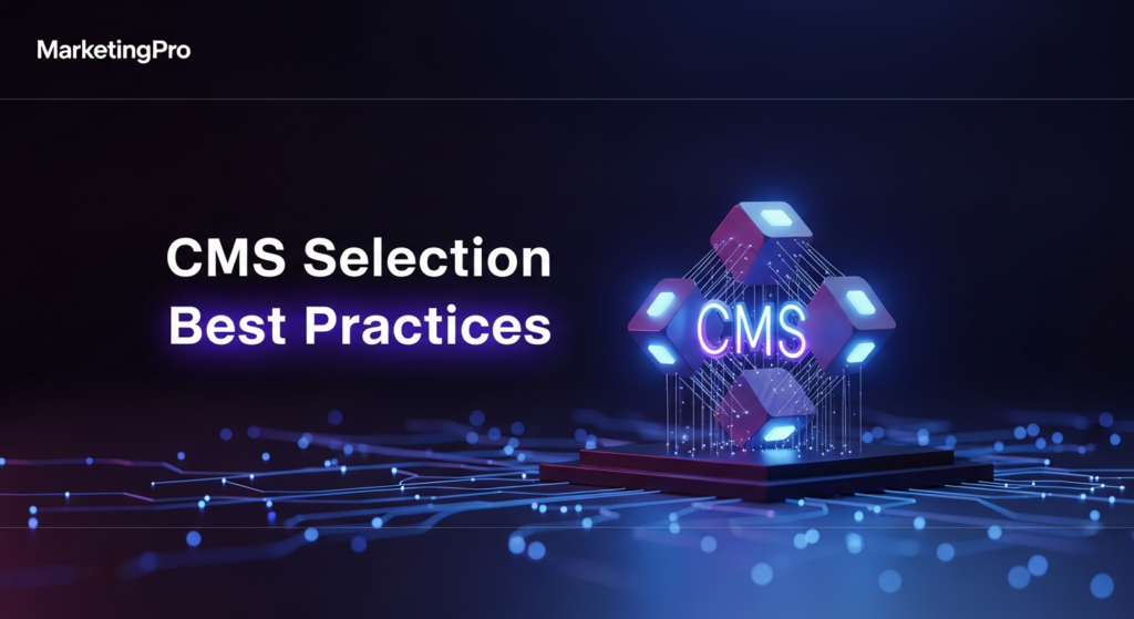 A dark-themed, wide banner image showing a glowing, abstract 3D icon representing a Content Management System (CMS) at its center. The icon, made of interconnected geometric shapes with soft neon blue and purple lights, is surrounded by faint glowing network lines against a deep indigo-black gradient background. The text 'CMS Selection Best Practices' is prominently displayed with a subtle glow, and a subtle 'MarketingPro' logo is in the top-left corner. The overall style is modern tech illustration, conveying strategic decision-making for digital marketers.