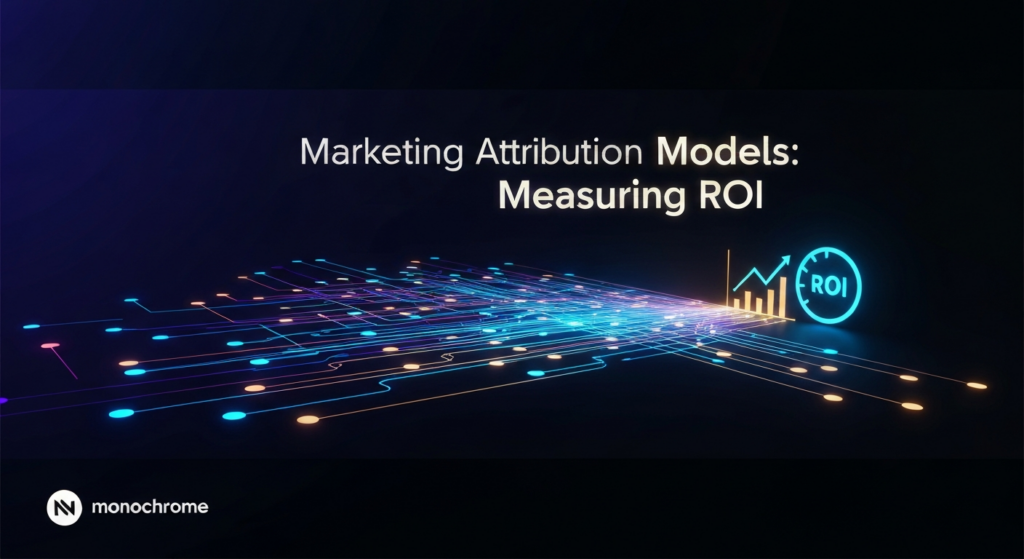 An abstract, dark-themed digital illustration for a blog post on marketing attribution models. Glowing neon lines connect various data points and touchpoints, converging towards a subtle, illuminated graph representing ROI measurement. The image features a dark gradient background with accents of blue, purple, and soft gold light. Text overlay reads 'Marketing Attribution Models: Measuring ROI' in a modern sans-serif font. A subtle logo is in the bottom-left corner.
