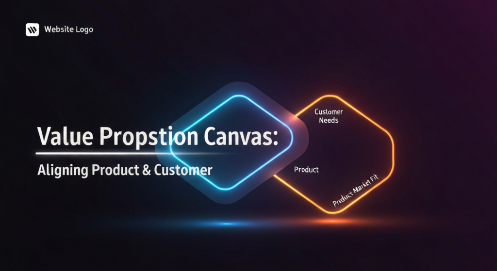 A dark-themed blog banner image with a modern tech illustration. Two glowing, abstract geometric shapes in cool blue and warm orange seamlessly interlock, symbolizing the alignment of product and customer needs. The text 'Value Proposition Canvas: Aligning Product & Customer' is centered with a subtle glow. A monochrome website logo is subtly placed in the top-left corner.