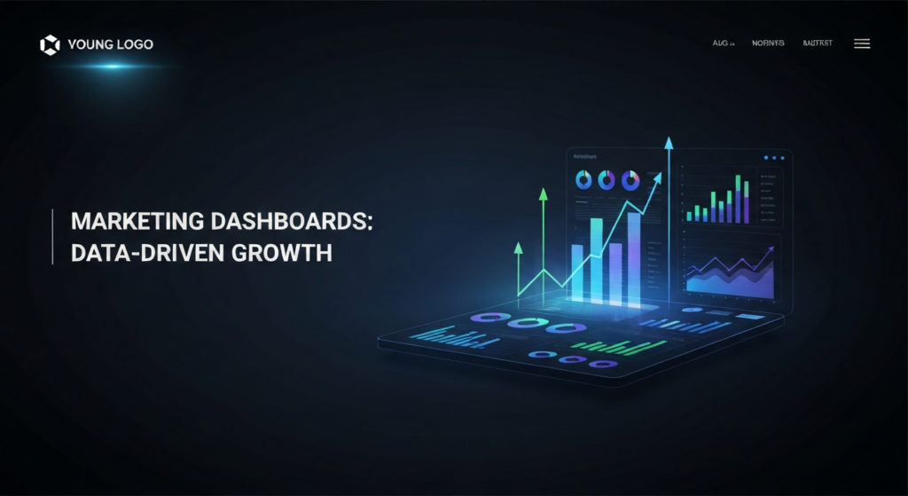 A dark-themed, futuristic digital marketing dashboard with glowing data visualizations, charts, and upward-trending growth arrows, representing data-driven insights and consolidation. The image includes a text overlay 'MARKETING DASHBOARDS: DATA-DRIVEN GROWTH' and a subtle, illuminated website logo in the top-left corner.