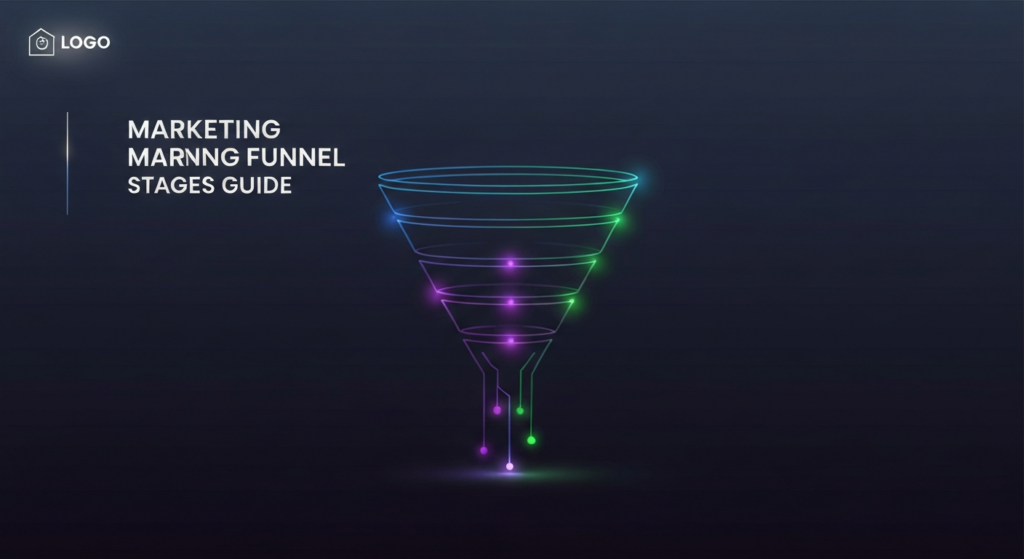 A dark-themed, wide banner image featuring a glowing, abstract marketing funnel. The funnel stages are illuminated with soft neon lights in blue, purple, and green, representing the customer journey. The text overlay reads 'MARKETING FUNNEL STAGES GUIDE' in a modern sans-serif font with a subtle glow. A minimalist logo is in the top-left corner. The image conveys digital marketing, lead generation, and conversion optimization in a sleek, high-contrast, professional style, suitable for a dark-mode website.