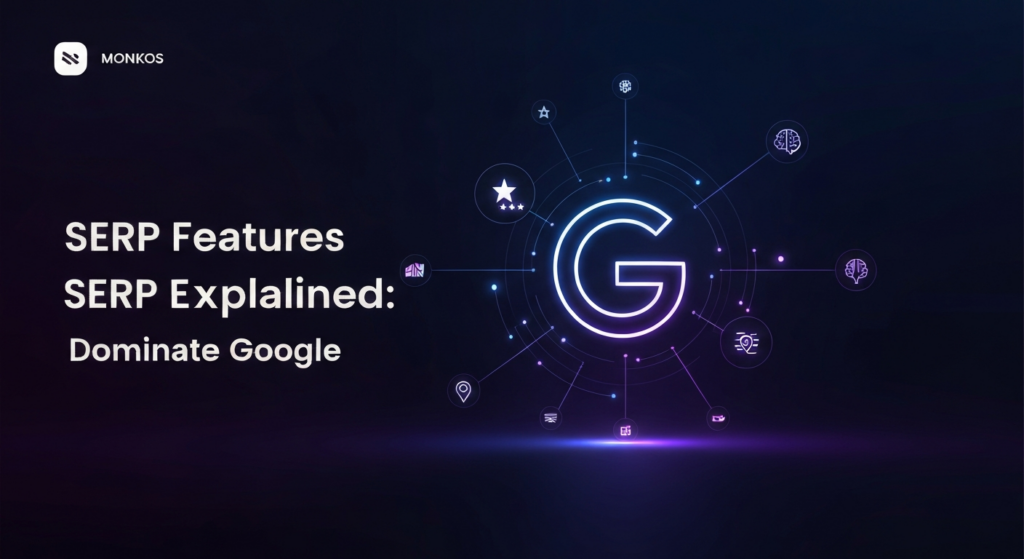 A dark, professional, wide banner illustration featuring a glowing, stylized 'G' icon at its center, representing Google. Abstract, illuminated geometric shapes and symbols, such as a star, a snippet icon, a map pin, and an AI brain, radiate outwards from the 'G', symbolizing various SERP features. The background is a deep blue and purple gradient with cinematic lighting and soft neon glows. Text overlay reads 'SERP Features Explained: Dominate Google' in a modern, glowing white font. A subtle white website logo is in the top-left corner.