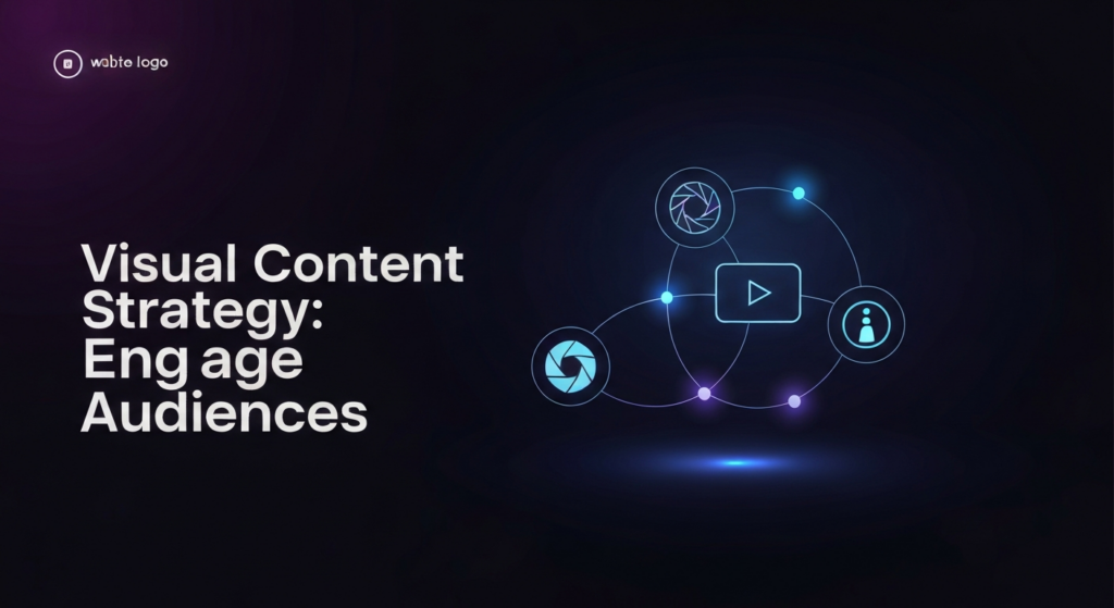 A dark, modern featured image illustrating visual content strategy. It shows a glowing, interconnected abstract network composed of a camera lens, a video play button, and an infographic chart icon, symbolizing a cohesive content strategy. The design uses neon blue and purple glow accents against a deep dark gradient background. The text 'Visual Content Strategy: Engage Audiences' is overlayed in a modern sans-serif font with a subtle glow. A discreet logo is in the top-left corner.